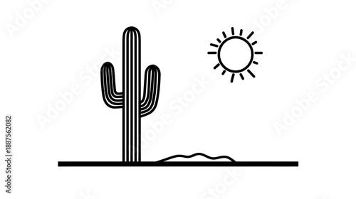 Black and white desert scene featuring a stylized cactus, sun, and ground line