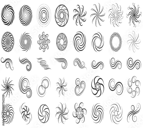 A collection of abstract spiral and swirl designs in black and white creating a repeating pattern