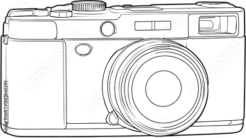 Black and white line art illustration of a retro-style compact camera, capturing detail