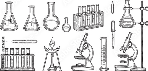 Detailed hand-drawn illustration of various vintage laboratory equipment including flasks, test tubes, microscopes, and a Bunsen burner.