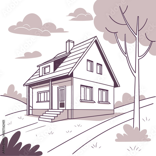 Illustrated house in a serene countryside