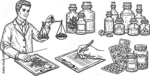 Vintage illustration of a pharmacist weighing herbs, surrounded by various medicine bottles, pills, and a person writing a medical prescription.