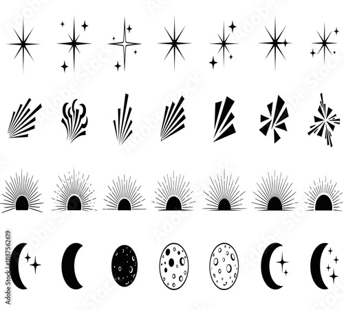 A collection of various celestial shapes and symbols including stars suns moons and sparkling light effects