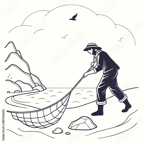 Fisherman pulling net on beach