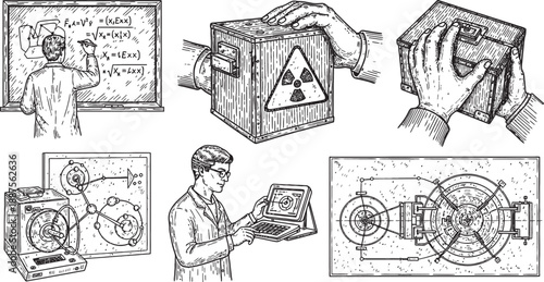Detailed black and white sketches illustrating various scientific and engineering concepts, including equations, radiation, and mechanical diagrams.
