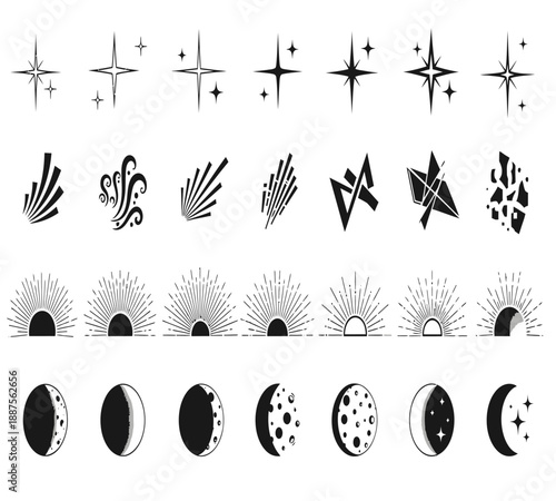 A collection of diverse celestial and decorative elements including stars moon phases and abstract designs
