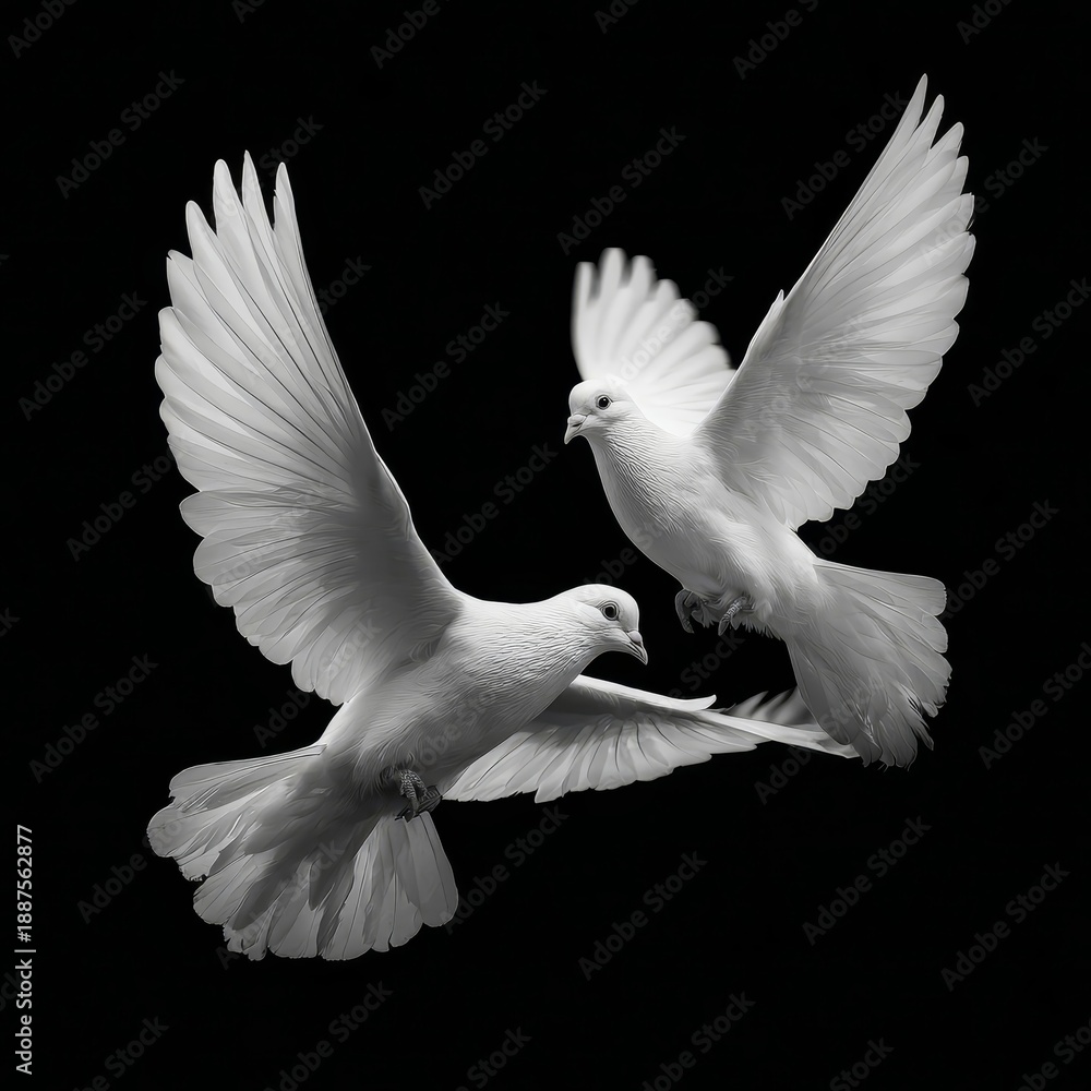 Obraz premium Two elegant white doves in mid-flight against a deep black background, showcasing their delicate feathers and peaceful nature.