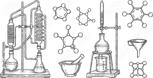 Hand-drawn illustration of chemistry laboratory equipment and molecular structures, including distillation apparatus and various chemical bonds.