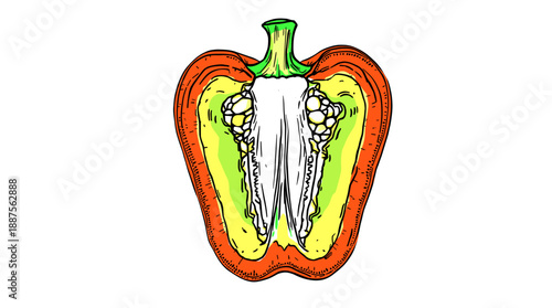 A detailed cross-section illustration of a vibrant red bell pepper, showcasing its internal structure with seeds and fleshy walls.