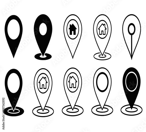A collection of various black and white location pin icons some featuring home symbols displayed in a grid format