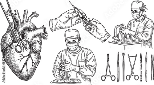 Detailed hand-drawn illustrations of surgical procedures, human heart, medical instruments, and surgeons at work.