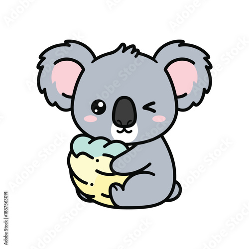 Cute cartoon koala with pink cheeks holding a green and yellow leaf green leaf