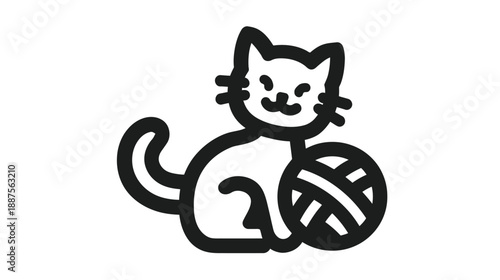 Black and white illustration of a cat seated, gazing at a ball of yarn, simple design