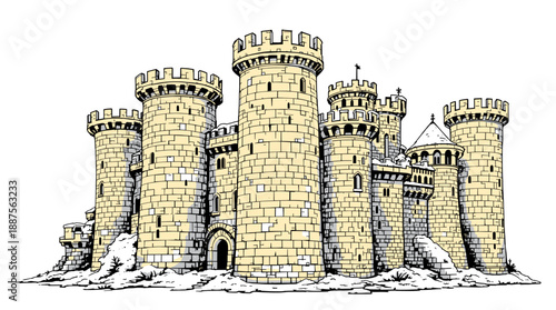 A detailed illustration of a large, imposing medieval castle with multiple towers and crenellated battlements, set against a white background.