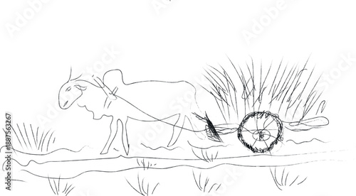 A blurry sketch of a horse pulling a cart with a wheel