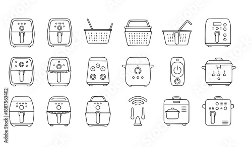 Black outline air fryer and electric cooking appliance icon collection