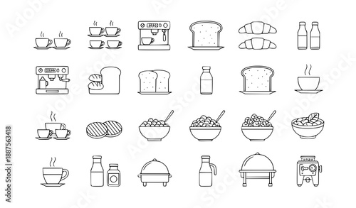 Breakfast buffet black line icon set with coffee pastries grill and cereal symbols