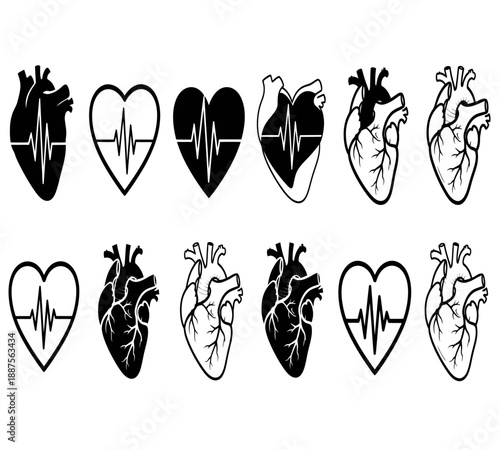 A collection of stylized heart illustrations with varying designs and electrocardiogram waveforms depicted in black and white