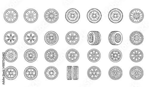 Minimal black line automotive wheel and tire design icons with rim symbols