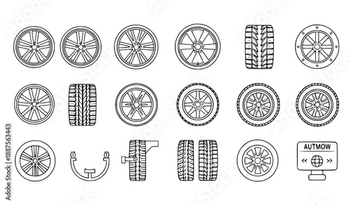 Black outline wheel and tire icon collection with automotive rim designs