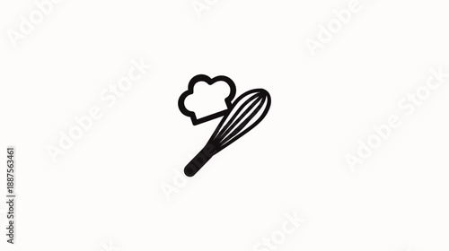 Minimalist line art depicting a chef's hat and whisk. Simple, black shapes on white backdrop