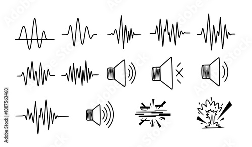 Sketchy black sound wave and audio effect doodle icon collection in hand drawn style