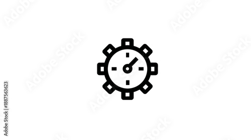 A black and white icon of a clock inside a gear shape, set against a plain white background