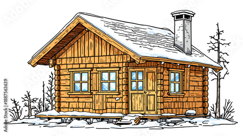 A charming wooden log cabin nestled in a snowy winter landscape with a smoking chimney.