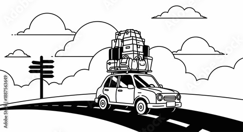 A car loaded with luggage drives down a winding road surrounded by fluffy clouds