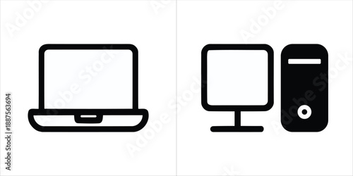 Laptop and Desktop Computer Workstation Icons, Minimalist Tech Hardware Symbols