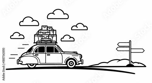 Vintage car speeding on a road with luggage and clouds in the sky illustration