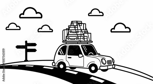 A car driving down a winding road with luggage on top, passing a signpost under a cloudy sky