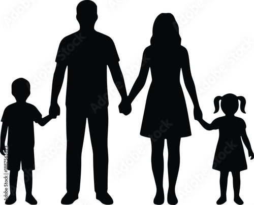 Black family silhouette illustration showing parents holding hands with son and daughter representing love, unity, parenting, protection and happy family life isolated on white background
