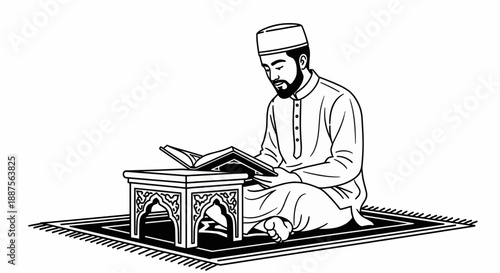 A bearded man in traditional attire reading a holy book on a prayer mat