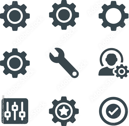 Setup and configuration icon collection. Work tools bag, selection checklist, control panel, technician support, settings click, maintenance manual, system adjustment, approval gear