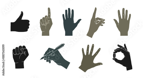 Various hand gestures in different colors and orientations.