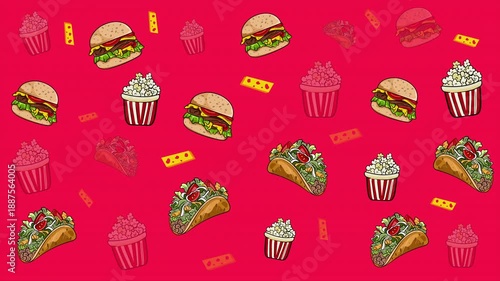 Seamless looping fast food animation with burgers, tacos, popcorn, and snacks. Colorful motion background for food ads, menus, restaurant screens, and promos.