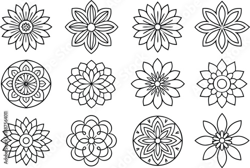 Floral Decorative Elements Outline Set. Floral Outline Decorative Design Elements. Botanical Floral Decorative Outline Collection. Elegant Floral Outline Ornament Elements. Minimal Floral Decorative