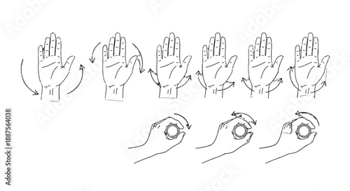 Hand gestures and finger movements illustration sequence.