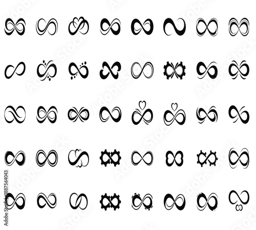 A collection of black and white infinity symbols and related looping designs arranged in a grid pattern