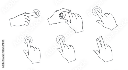 Line drawings of hands interacting with touchscreens in various gestures.