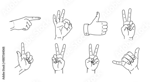 Hand Gestures and Signs in Simple Line Art.