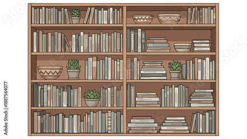 A large, wooden bookshelf filled with numerous books, decorative bowls, and potted plants, showcasing a cozy and organized library or study room interior.