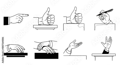 Hand gestures and sign language illustrations set on white background.
