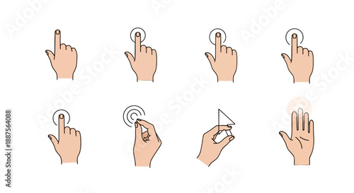Hand gestures illustration set showing various interactive actions.