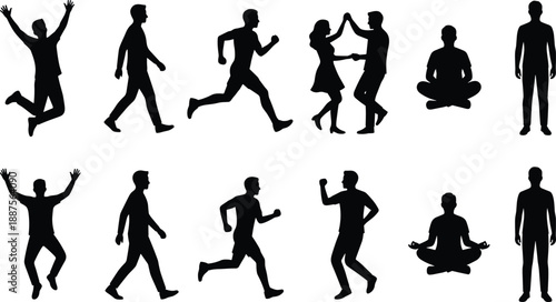 Black human silhouette collection showing people walking, running, dancing, celebrating, meditating and standing poses isolated on white background illustration