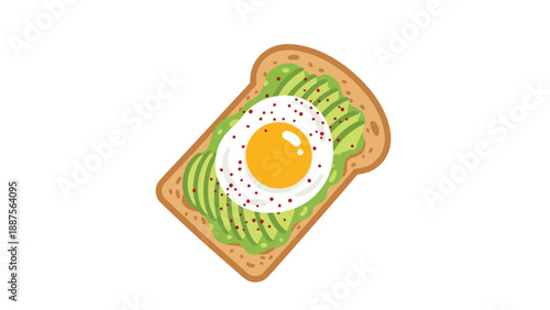 Delicious avocado toast topped with a perfectly fried egg and sprinkled with red pepper flakes, presented on a slice of toasted bread against a white background.