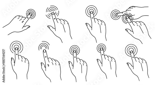 Various hand gestures interacting with a touch interface or button.