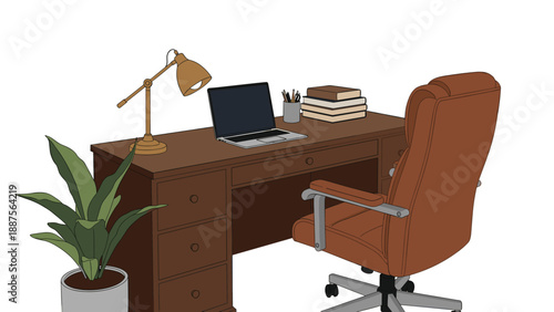 A warm and inviting study scene featuring a wooden desk with a laptop, lamp, and books, complemented by a plush leather chair and a lush green potted plant.