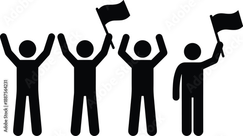 Black human silhouette group holding flags and raising hands representing protest, unity, demonstration and social movement isolated on white background illustration